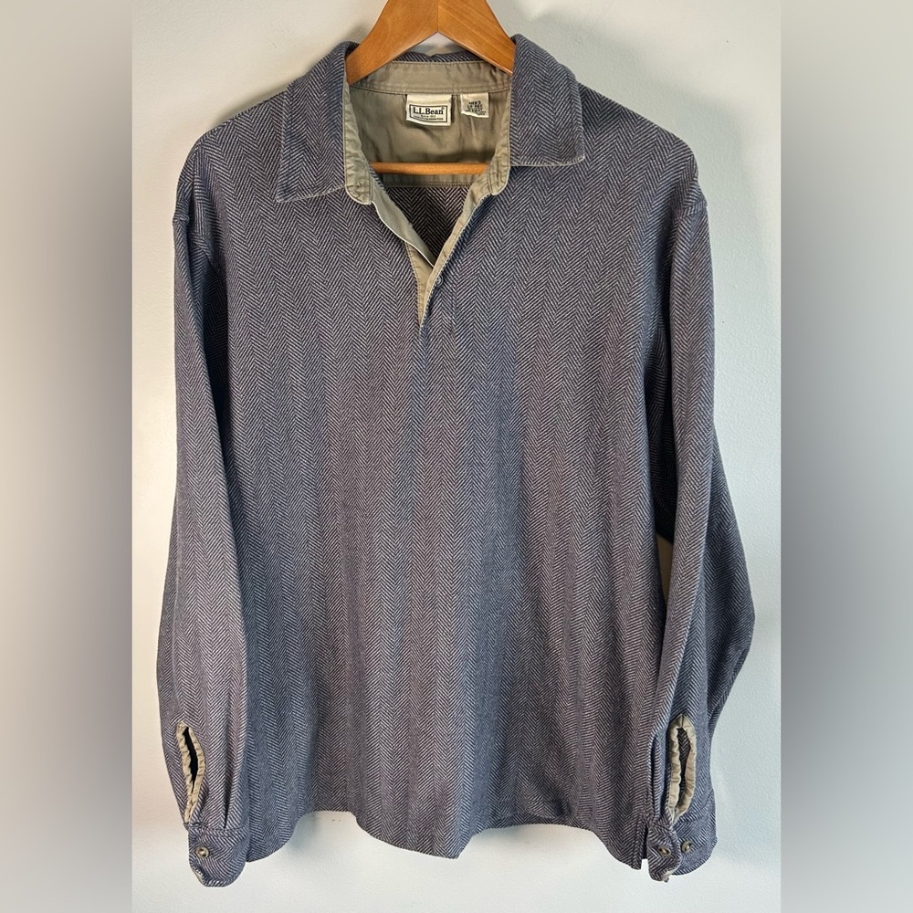 Vintage L.L. Bean Shirt Mens Gray Herringbone Long Sleeve Polo Size L Cotton EUC